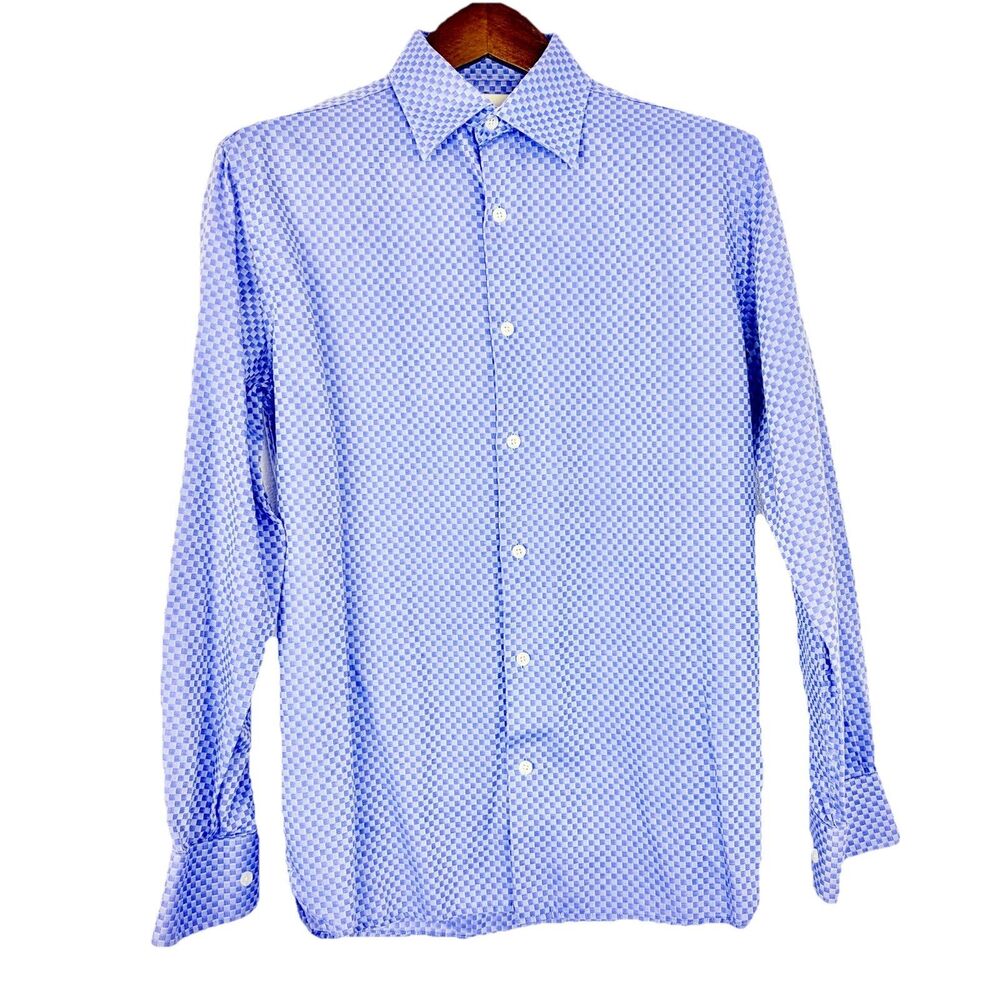 PERRY ELLIS Purple Geometric Check Dress Shirt Men’s Small 100% COTTON